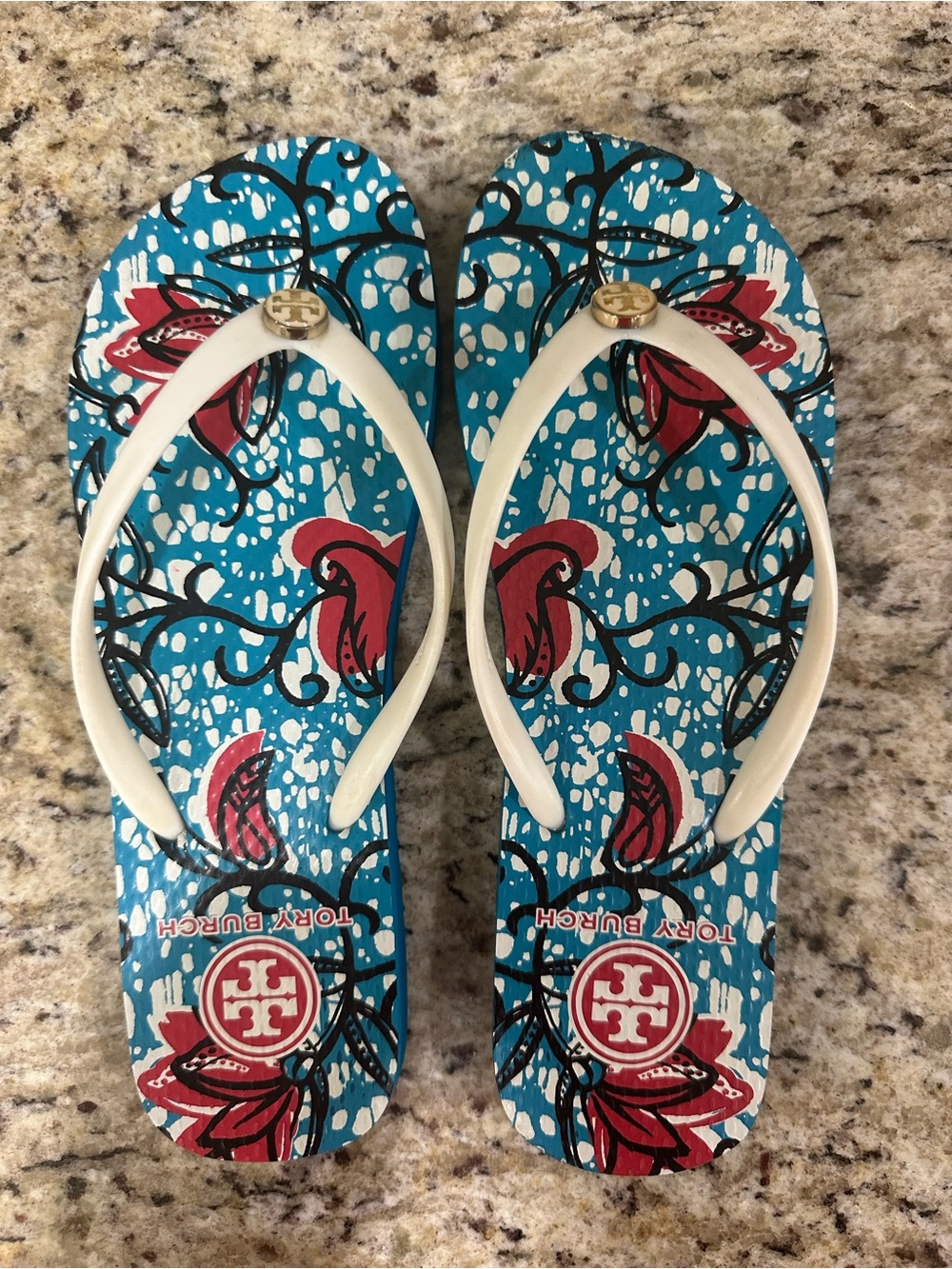 Tory Burch Floral Logo Flip Flops - Blue & Red size 7